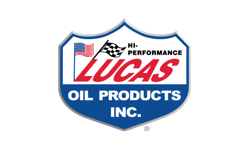 A lucas oil logo with the company name and flag.