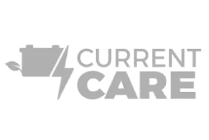 A grey and white logo of current care